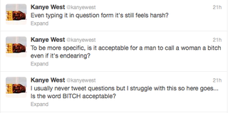 Illustration for article titled Kanye Leads Introspective Twitter Debate (With Himself) Re: the Word 'Bitch'